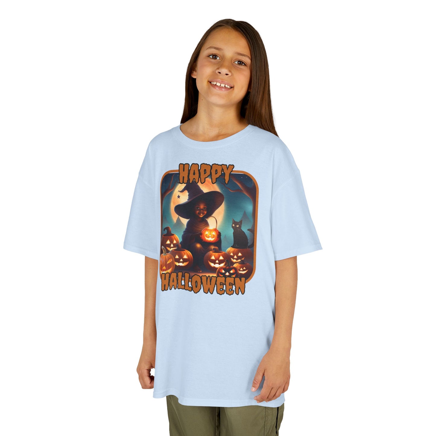 Happy Halloween Cute Witch Orange font Kids Heavy Cotton™ Tee by CreepyCrafts.boo
