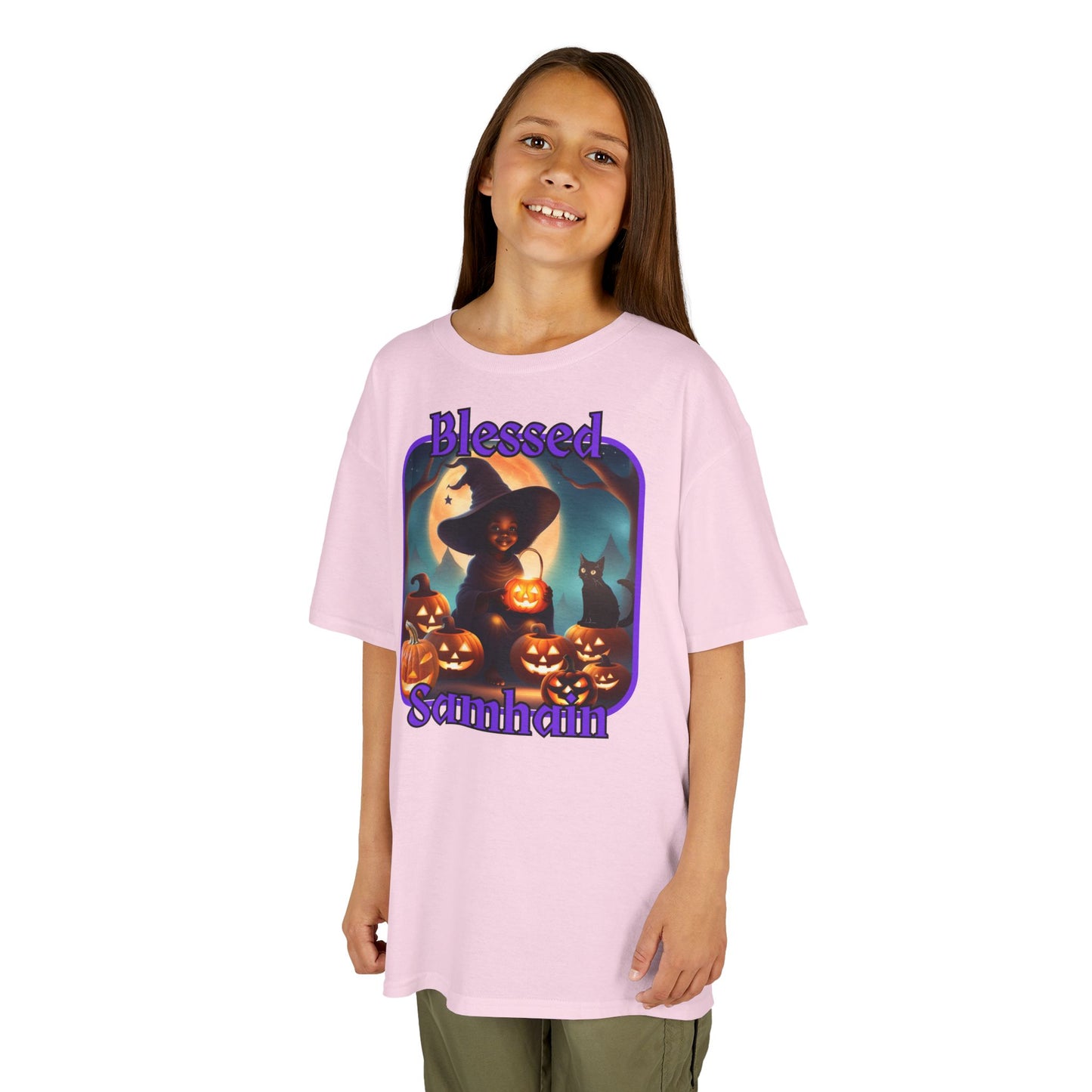 Blessed Samhain Cute Witch Purple font Kids Heavy Cotton™ Tee by CreepyCrafts.boo