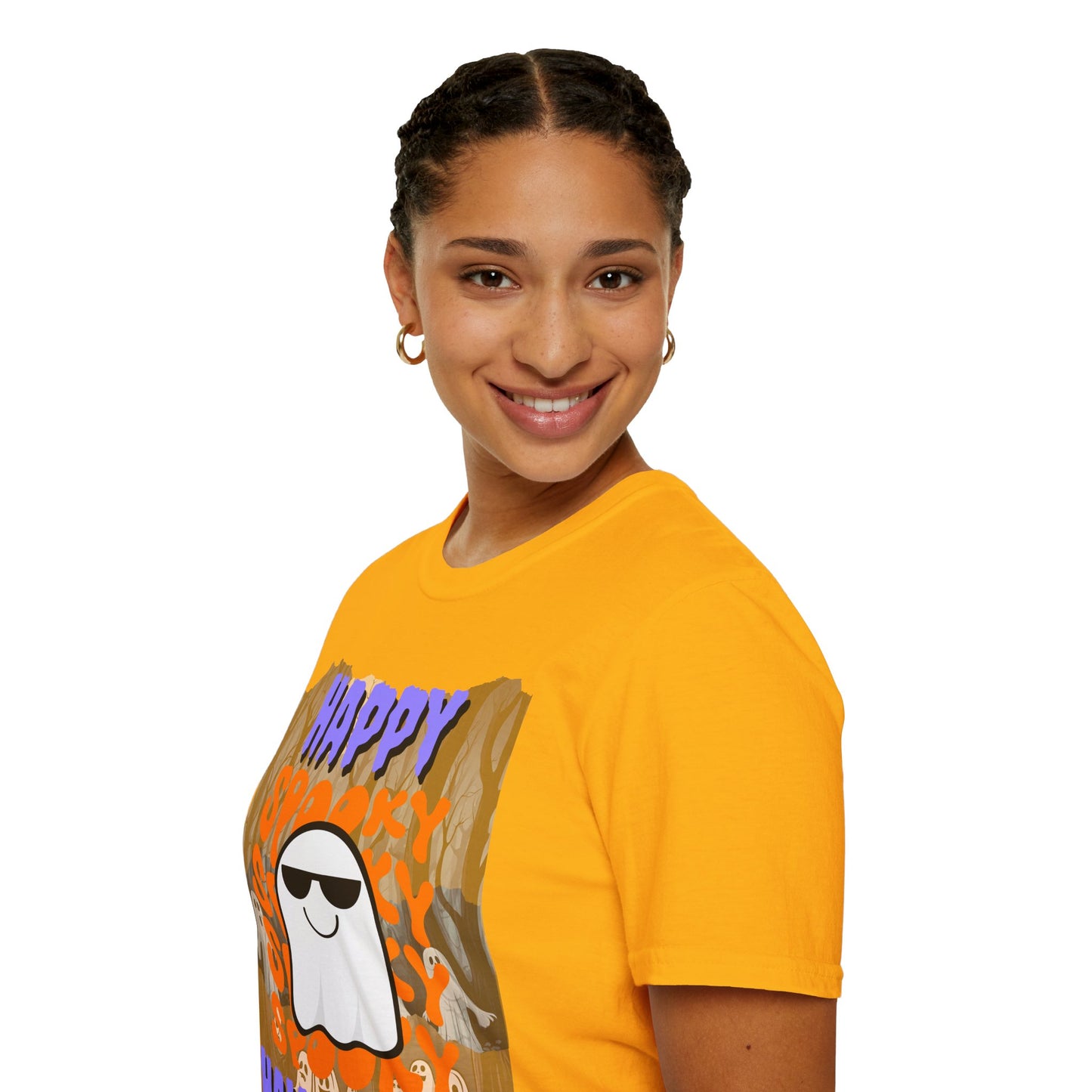 Spooky Happy Halloween Ghost Light colors Purple font Unisex T-Shirt by CreepyCrafts.boo