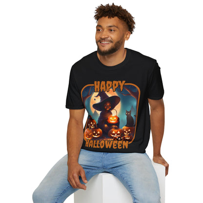 Happy Halloween Cute Witch Orange font, Dark colors, Unisex T-Shirt by CreepyCrafts.boo