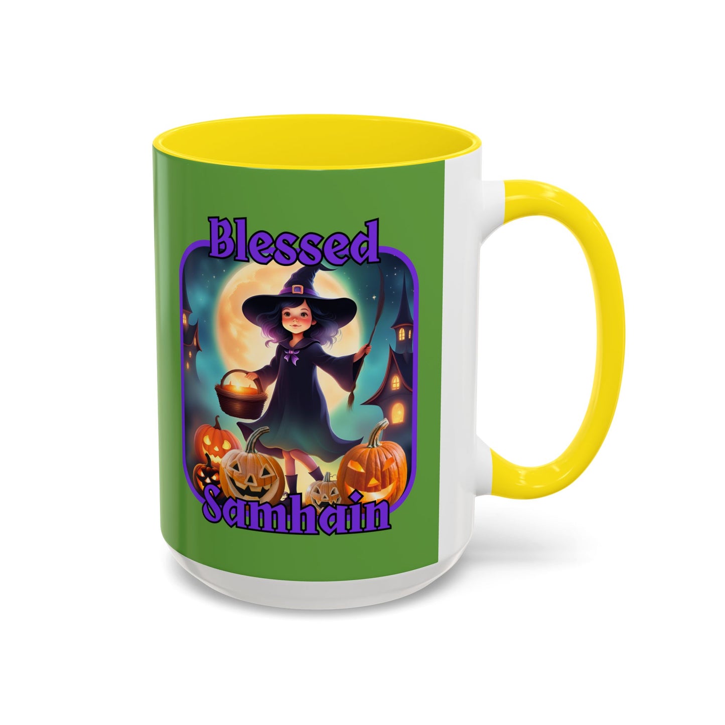 Blessed Samhain Little Witch Purple font Green Accent Mug by CreepyCrafts.boo
