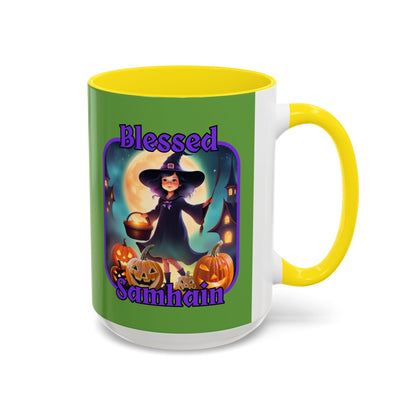 Blessed Samhain Little Witch Purple font Green Accent Mug by CreepyCrafts.boo
