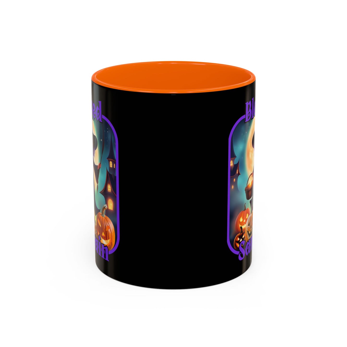 Blessed Samhain Little Witch Purple font Black Accent Mug by CreepyCrafts.boo
