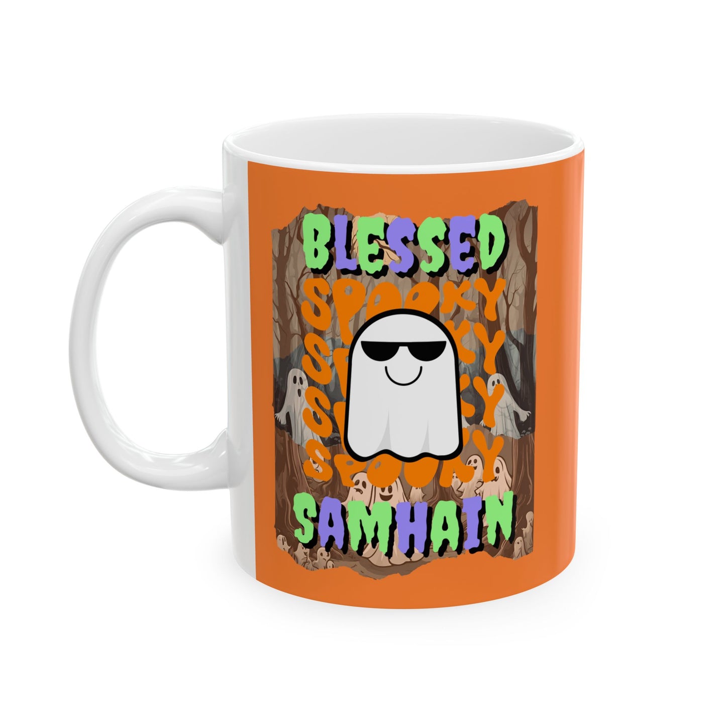 Spooky Blessed Samhain Ghost Mixed font Orange Mug by CreepyCrafts.boo