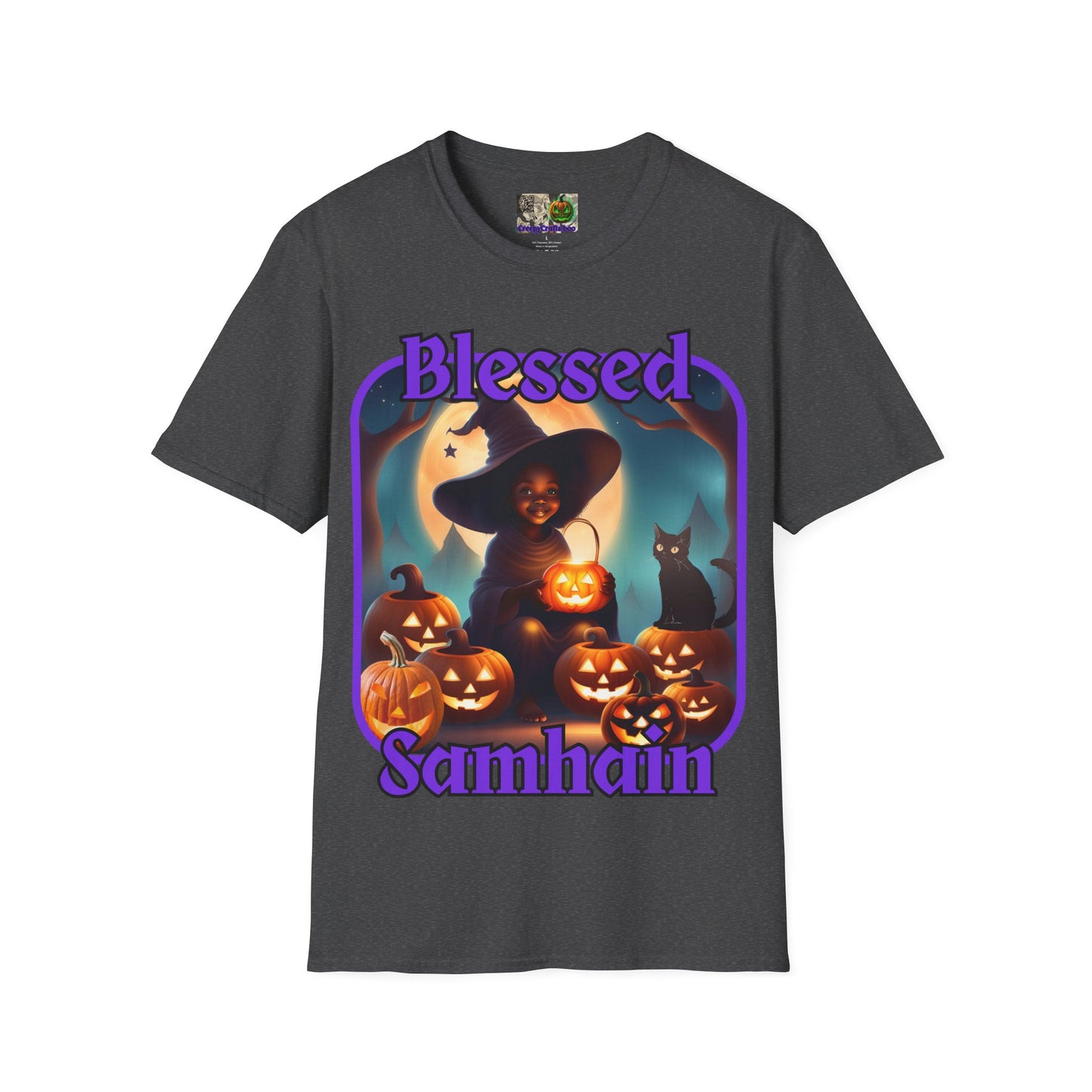 Blessed Samhain Cute Witch Purple font Dark colors Unisex T-Shirt by CreepyCrafts.boo
