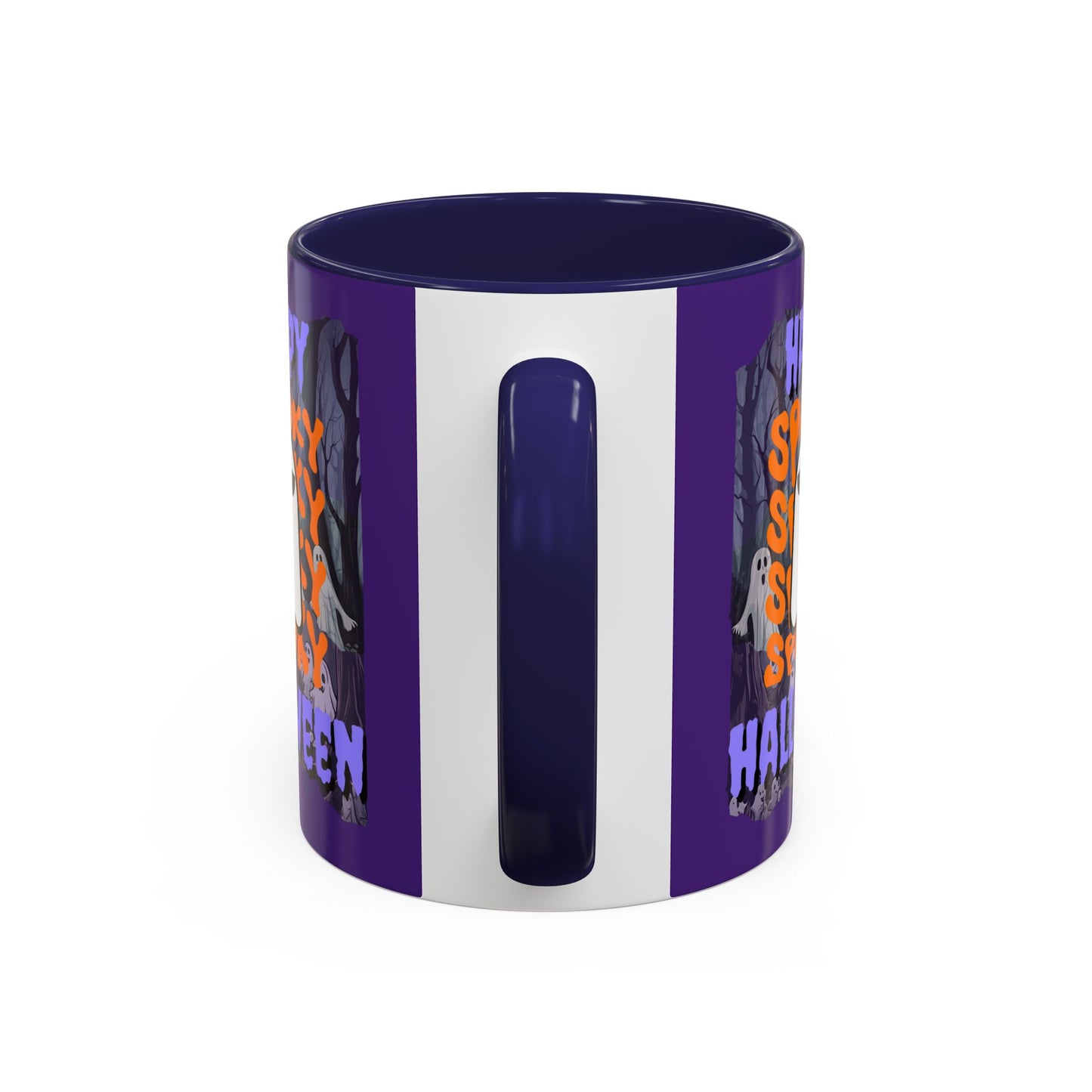 Spooky Happy Halloween Ghost Purple font Purple Accent Mug by CreepyCrafts.boo