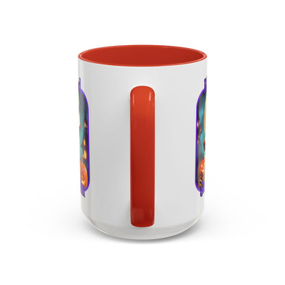 Blessed Samhain Little Witch Purple font White Accent Mug by CreepyCrafts.boo