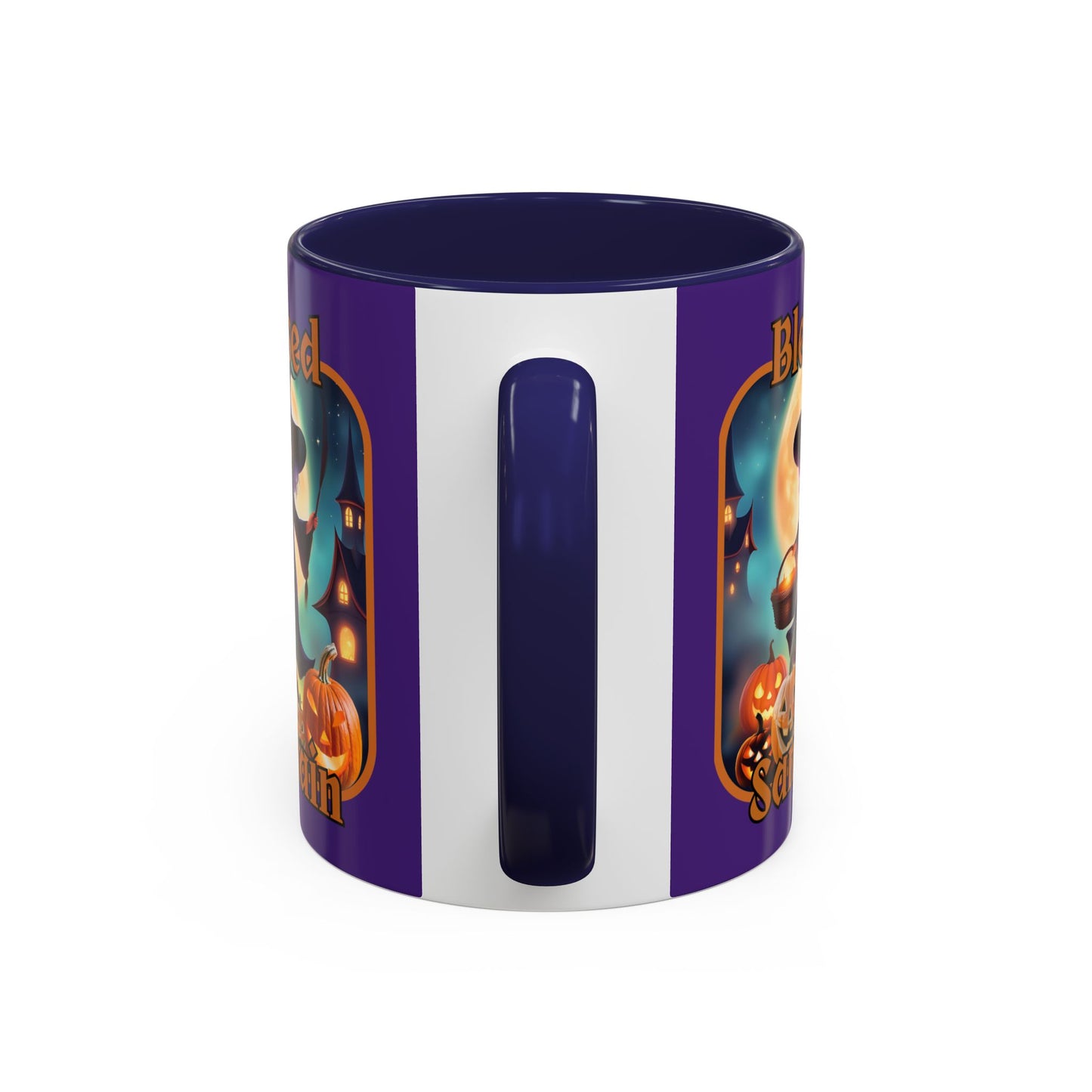 Blessed Samhain Little Witch Orange font Purple Accent Mug by CreepyCrafts.boo
