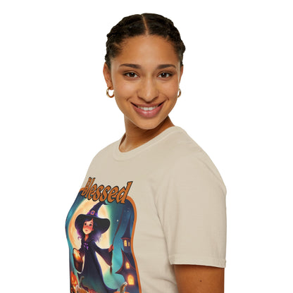 Blessed Samhain Little Witch Orange font Light colors Unisex T-Shirt by CreepyCrafts.boo