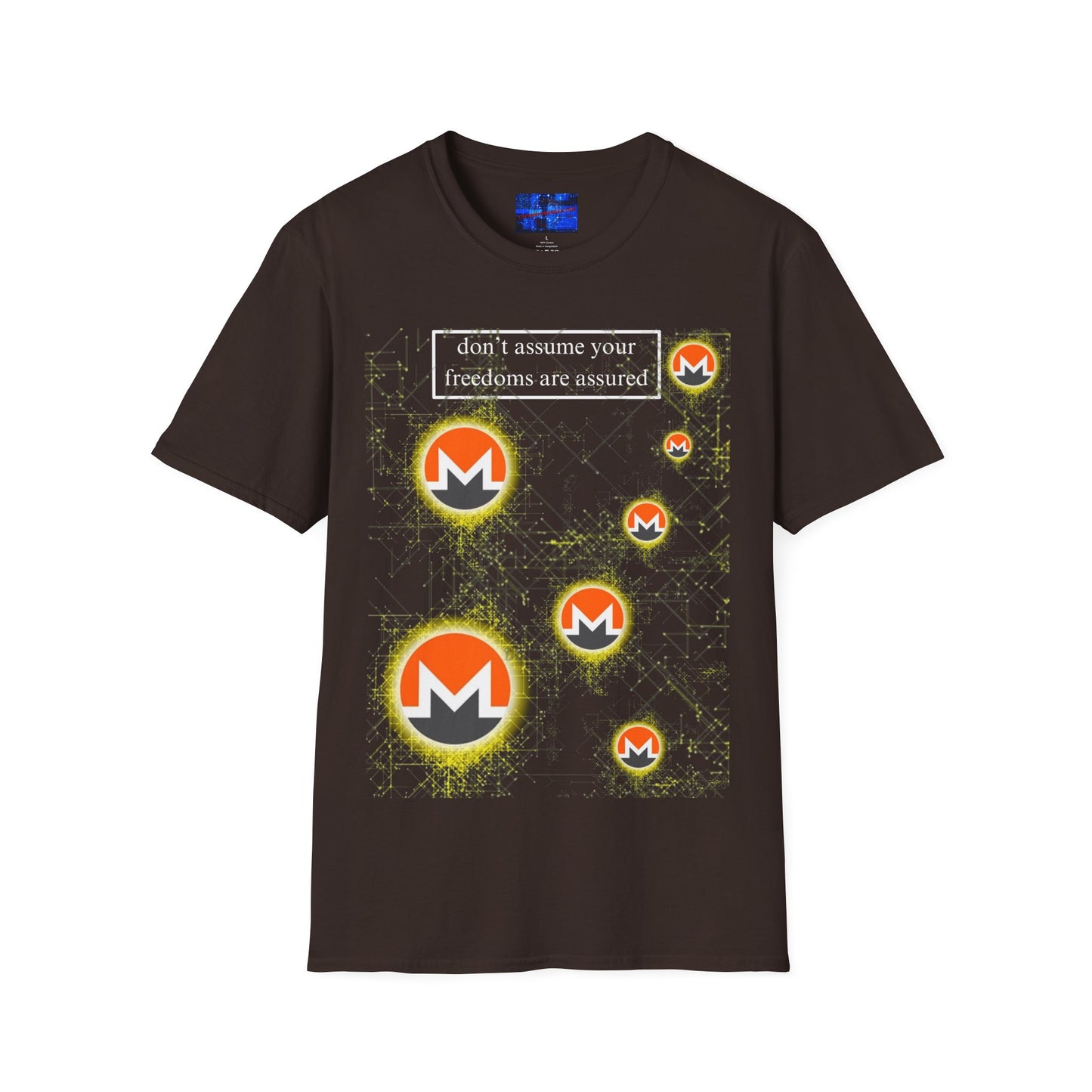 Monero (XMR) don't assume your freedoms are assured Dark colors Unisex T-Shirt by cypherpunkgear.com