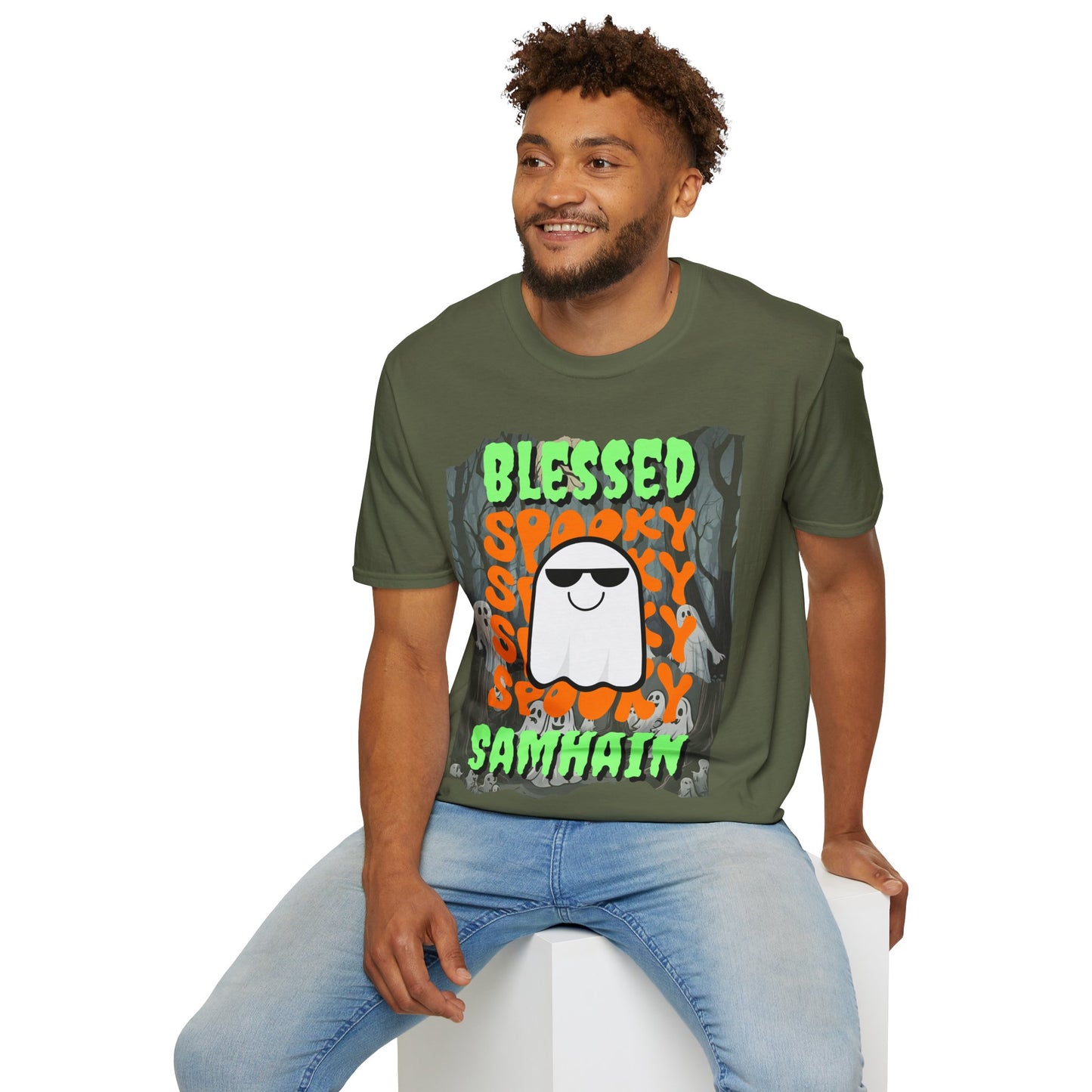 Spooky Blessed Samhain Ghost Green font Unisex T-Shirt by CreepyCrafts.boo