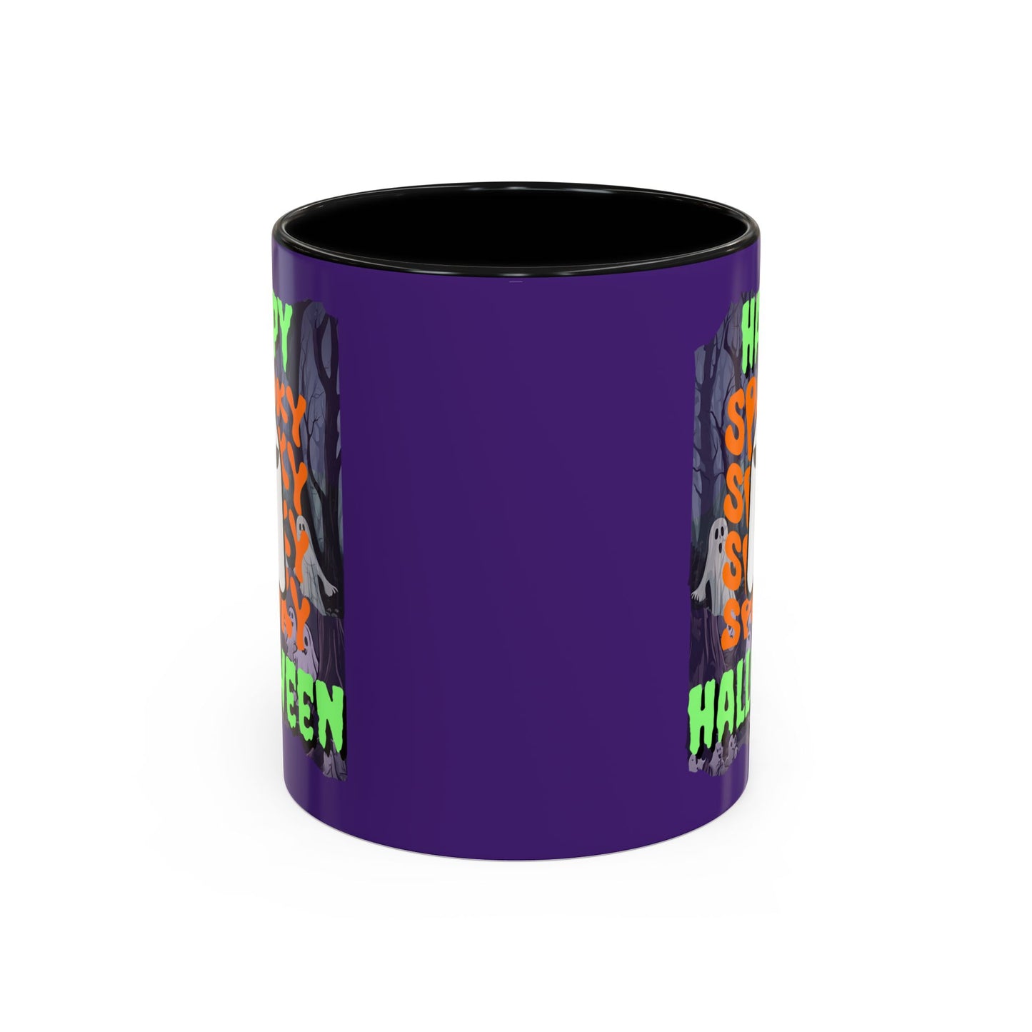 Spooky Happy Halloween Ghost Green font Purple Accent Mug by CreepyCrafts.boo