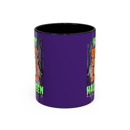 Spooky Happy Halloween Ghost Green font Purple Accent Mug by CreepyCrafts.boo