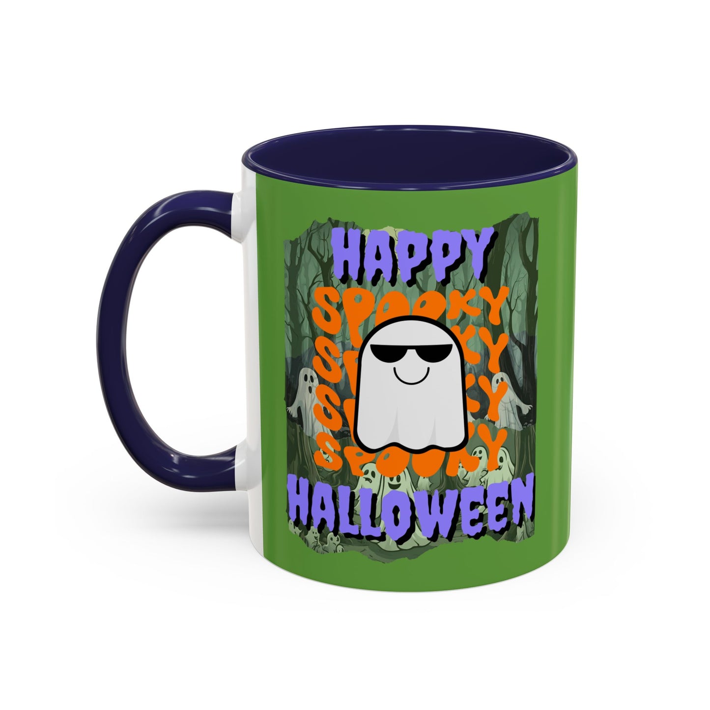 Spooky Happy Halloween Ghost Purple font Green Accent Mug by CreepyCrafts.boo
