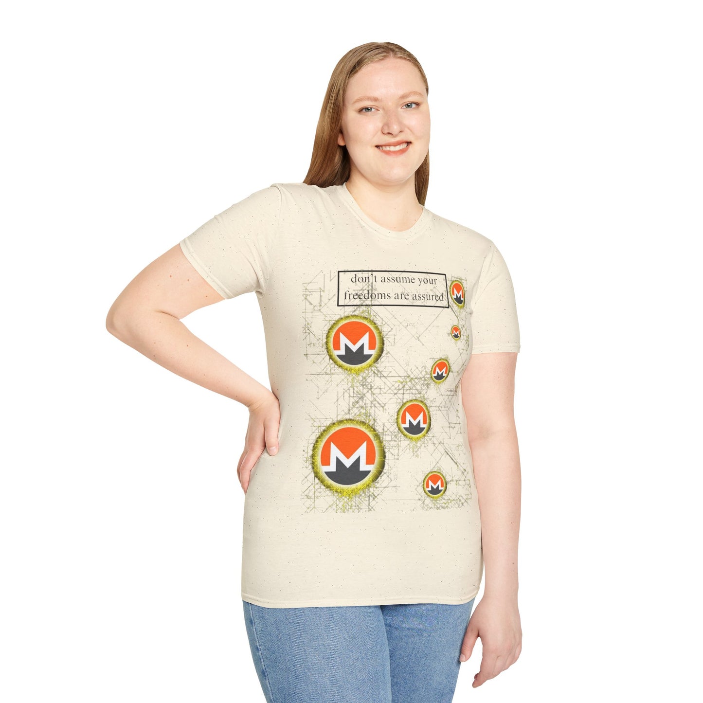 Monero (XMR) don't assume your freedoms are assured Light colors Unisex T-Shirt by cypherpunkgear.com