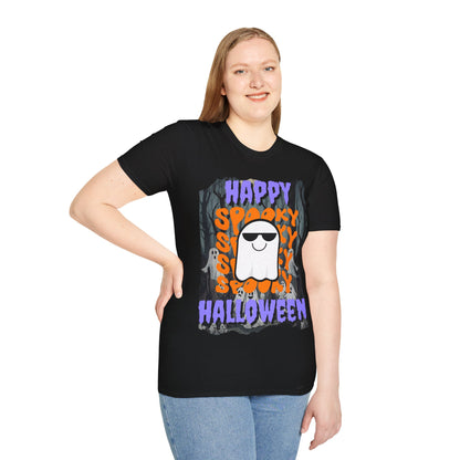Spooky Happy Halloween Ghost Dark colors Purple font Unisex T-Shirt by CreepyCrafts.boo