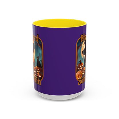 Blessed Samhain Cute Witch Orange font Purple Accent Mug by CreepyCrafts.boo