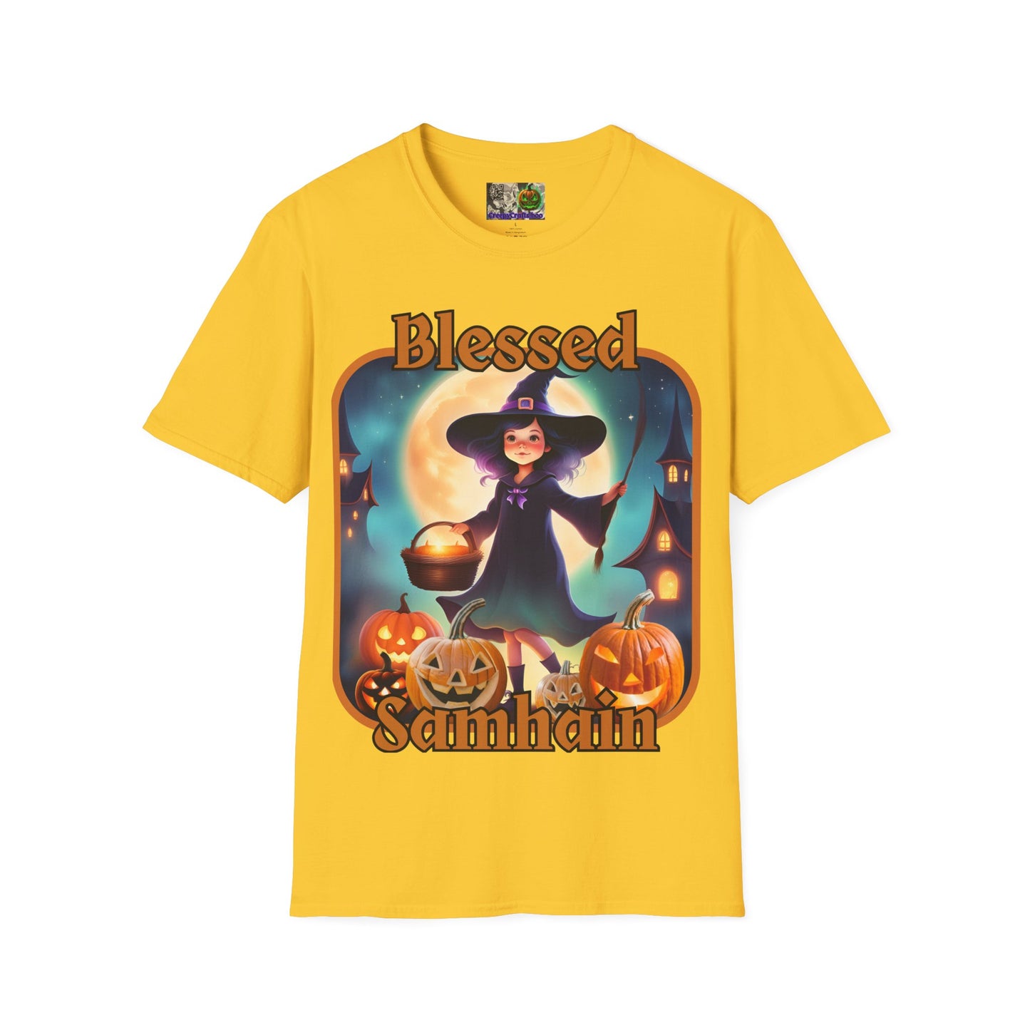 Blessed Samhain Little Witch Orange font Light colors Unisex T-Shirt by CreepyCrafts.boo