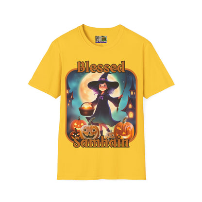 Blessed Samhain Little Witch Orange font Light colors Unisex T-Shirt by CreepyCrafts.boo