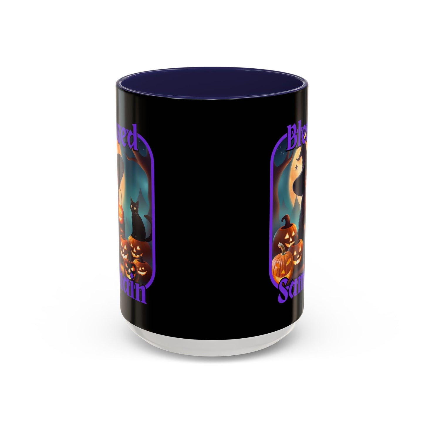 Blessed Samhain Cute Witch Purple font Black Accent Mug by CreepyCrafts.boo