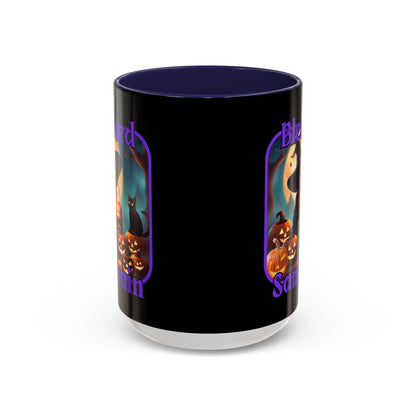 Blessed Samhain Cute Witch Purple font Black Accent Mug by CreepyCrafts.boo