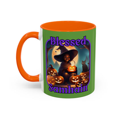 Blessed Samhain Cute Witch Purple font Green Accent Mug by CreepyCrafts.boo