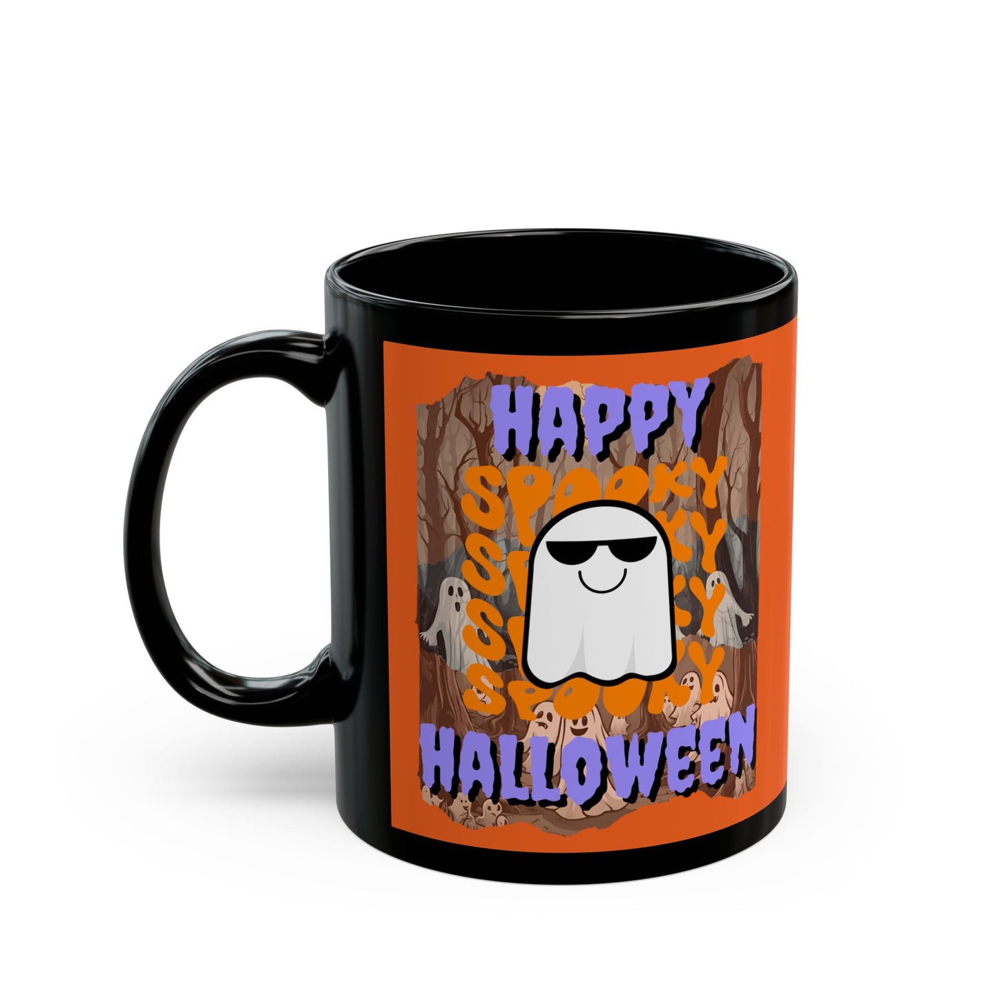 Spooky Happy Halloween Ghost Purple font Orange Mug by CreepyCrafts.boo