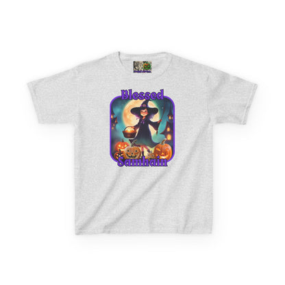 Blessed Samhain Little Witch Purple font Kids Heavy Cotton™ Tee by CreepyCrafts.boo