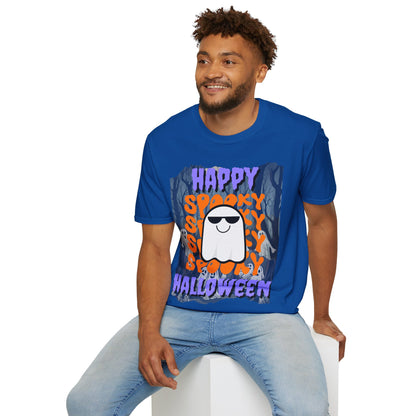 Spooky Happy Halloween Ghost Dark colors Purple font Unisex T-Shirt by CreepyCrafts.boo