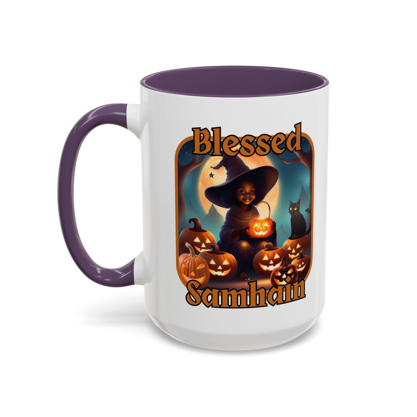 Blessed Samhain Cute Witch Orange font White Accent Mug by CreepyCrafts.boo