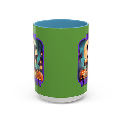 Happy Halloween Little Witch Purple font Green Accent Mug by CreepyCrafts.boo