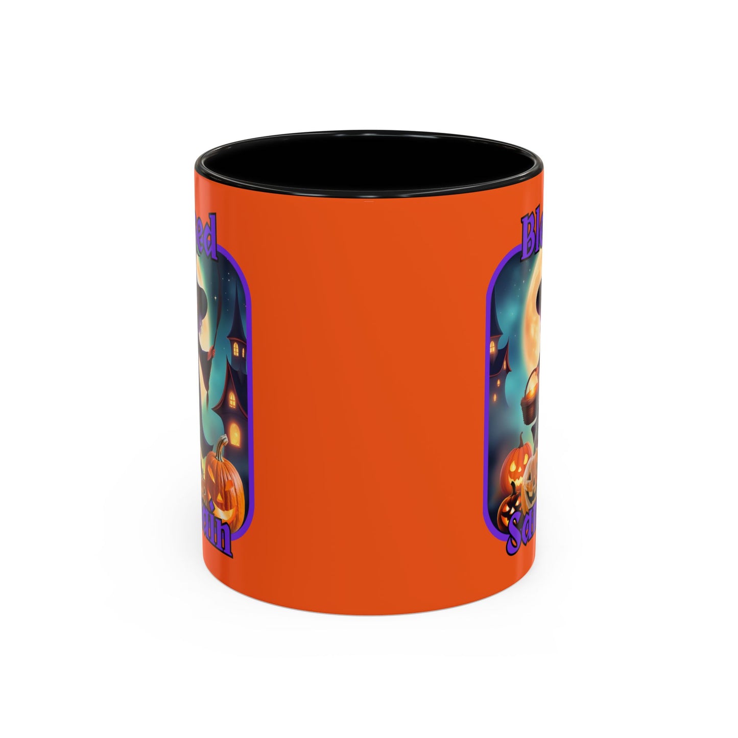 Blessed Samhain Little Witch Purple font Orange Accent Mug by CreepyCrafts.boo