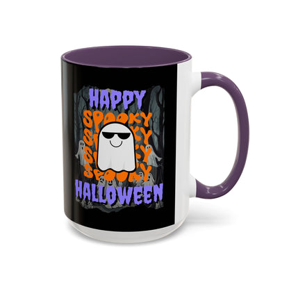 Spooky Happy Halloween Ghost Purple font Black Accent Mug by CreepyCrafts.boo