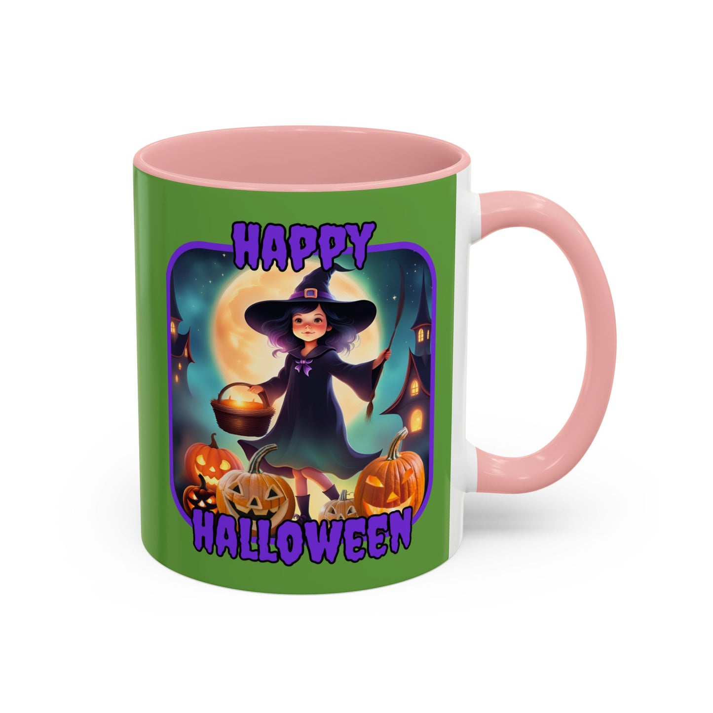 Happy Halloween Little Witch Purple font Green Accent Mug by CreepyCrafts.boo