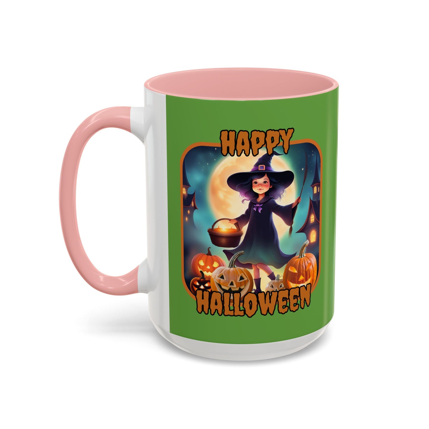 Happy Halloween Little Witch Orange font Green Accent Mug by CreepyCrafts.boo