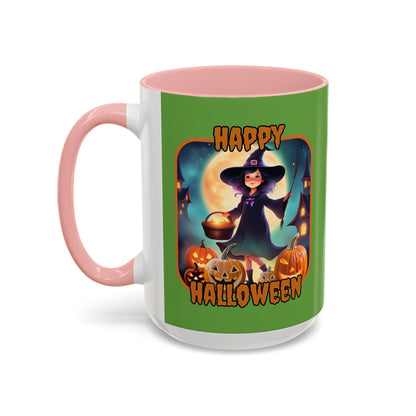 Happy Halloween Little Witch Orange font Green Accent Mug by CreepyCrafts.boo