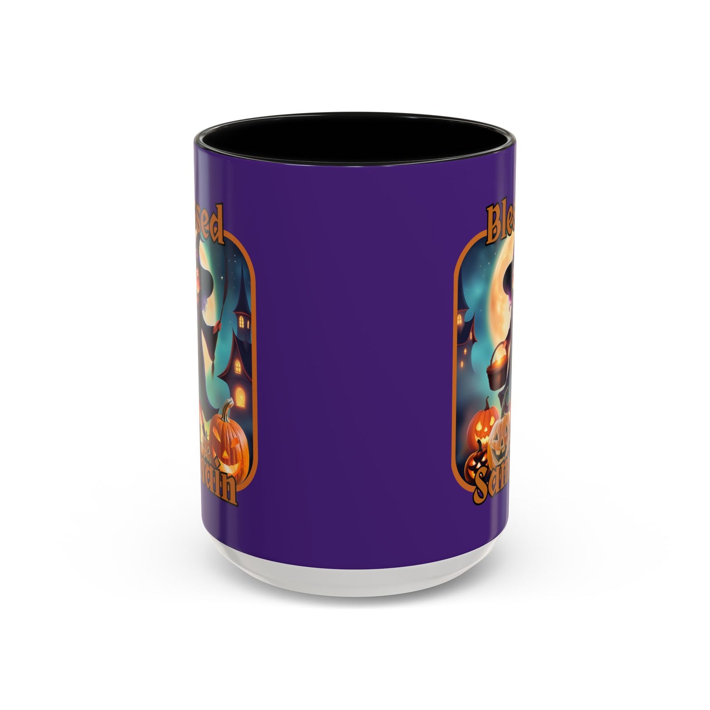 Blessed Samhain Little Witch Orange font Purple Accent Mug by CreepyCrafts.boo