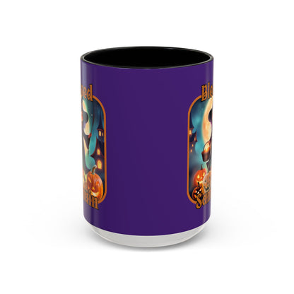 Blessed Samhain Little Witch Orange font Purple Accent Mug by CreepyCrafts.boo