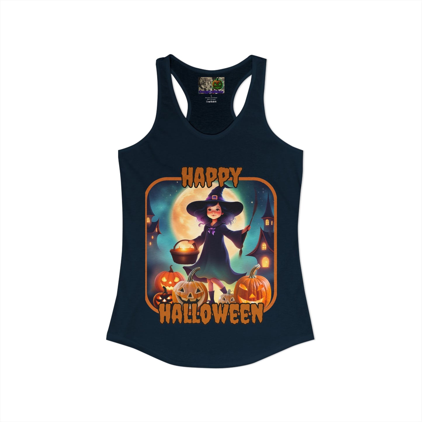 Happy Halloween Little Witch Orange font Women's Racerback Tank Top by CreepyCrafts.boo