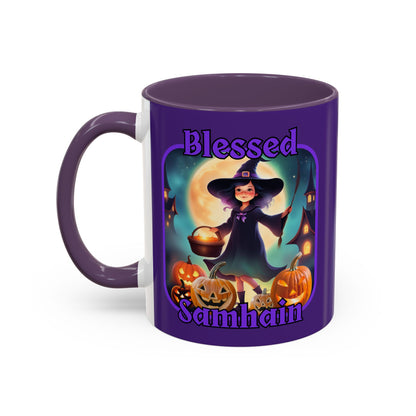 Blessed Samhain Little Witch Purple font Purple Accent Mug by CreepyCrafts.boo