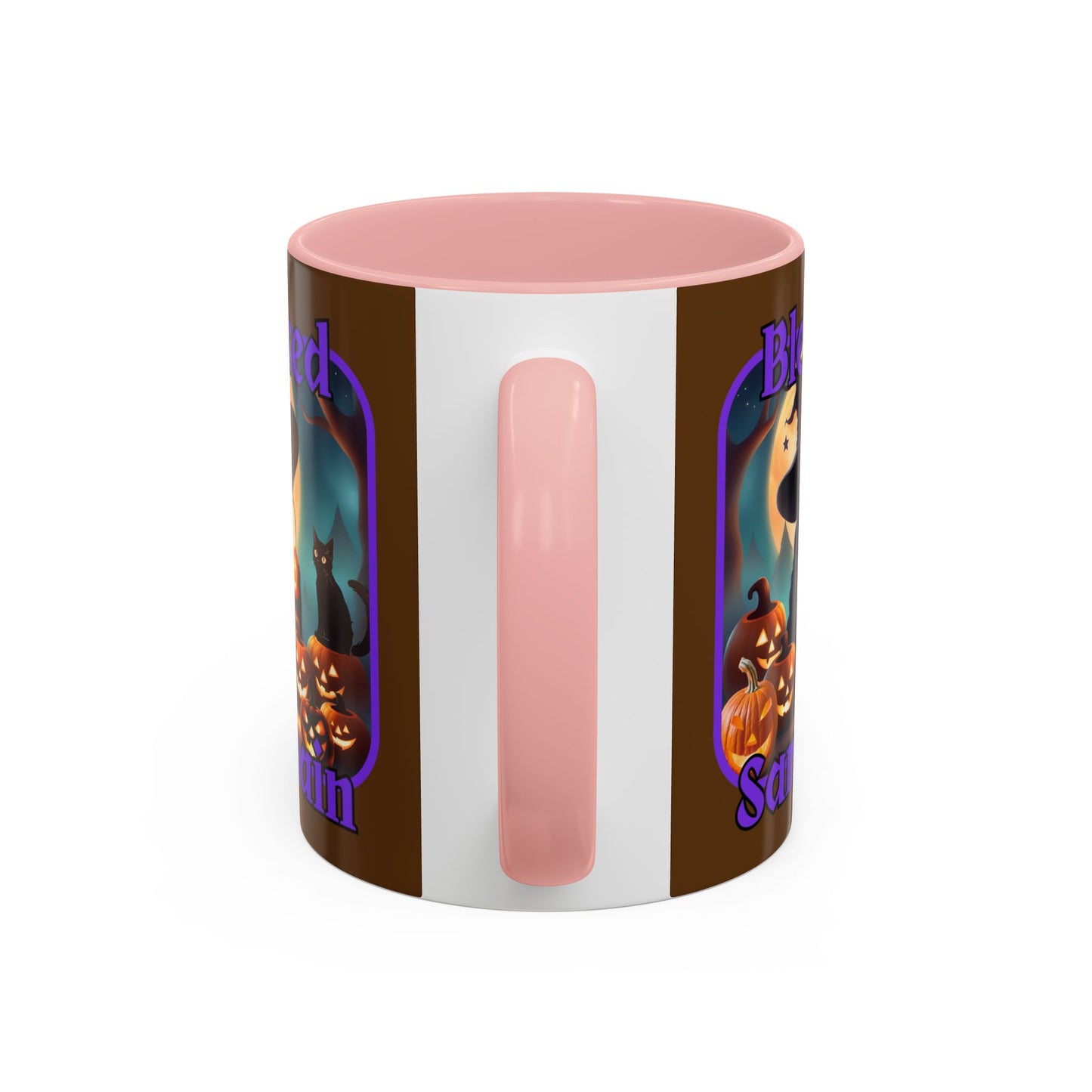 Blessed Samhain Cute Witch Purple font Brown Accent Mug by CreepyCrafts.boo