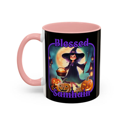 Blessed Samhain Little Witch Purple font Black Accent Mug by CreepyCrafts.boo