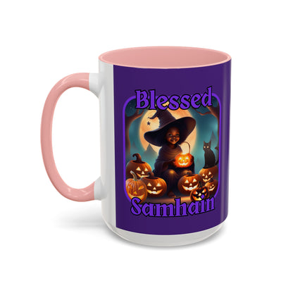 Blessed Samhain Cute Witch Purple font Purple Accent Mug by CreepyCrafts.boo