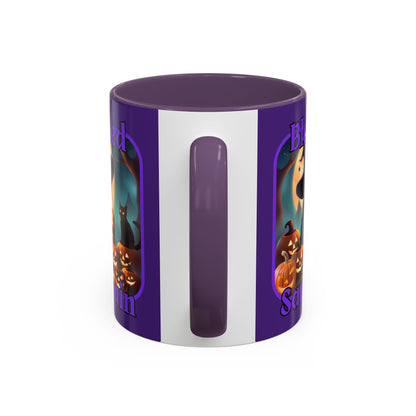 Blessed Samhain Cute Witch Purple font Purple Accent Mug by CreepyCrafts.boo