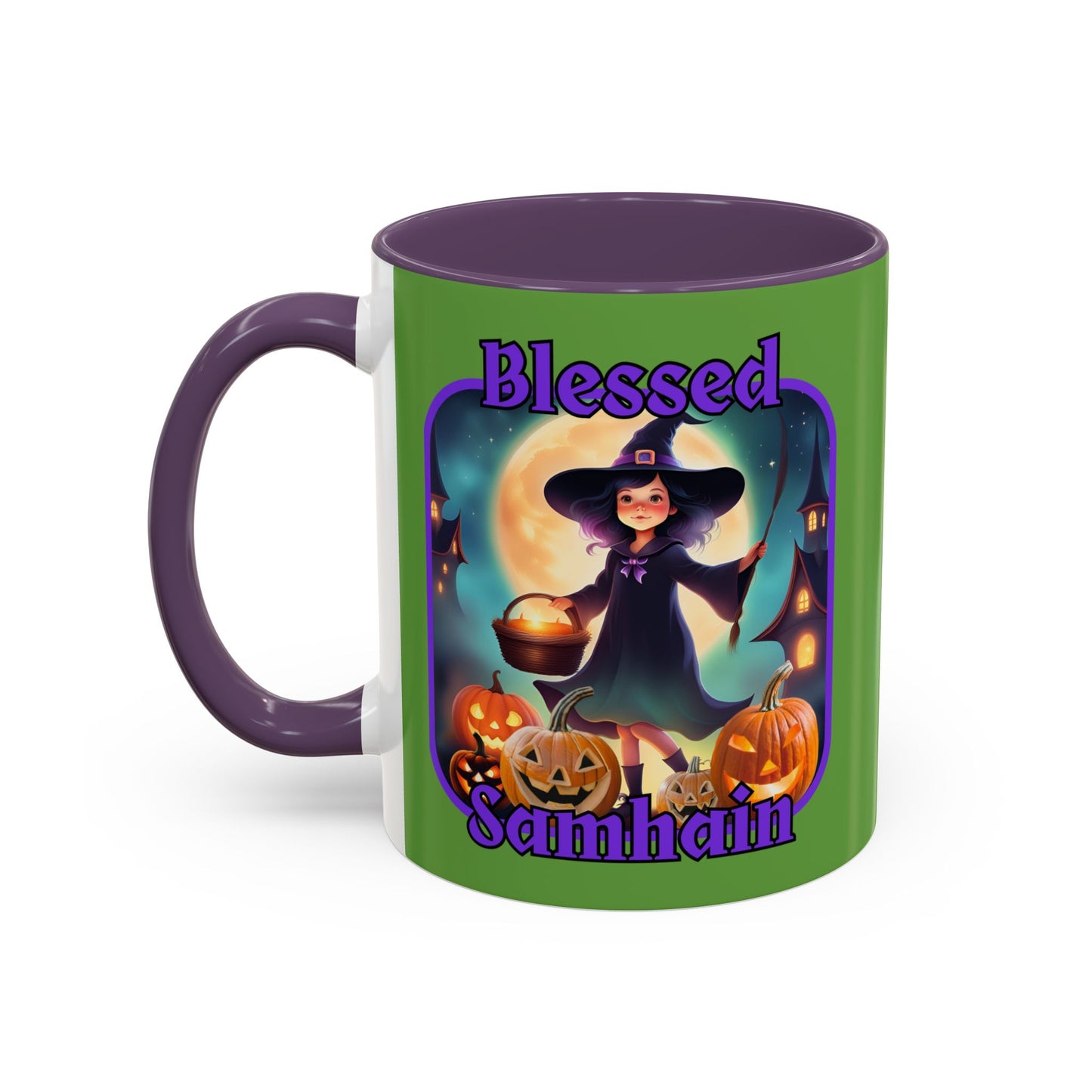 Blessed Samhain Little Witch Purple font Green Accent Mug by CreepyCrafts.boo