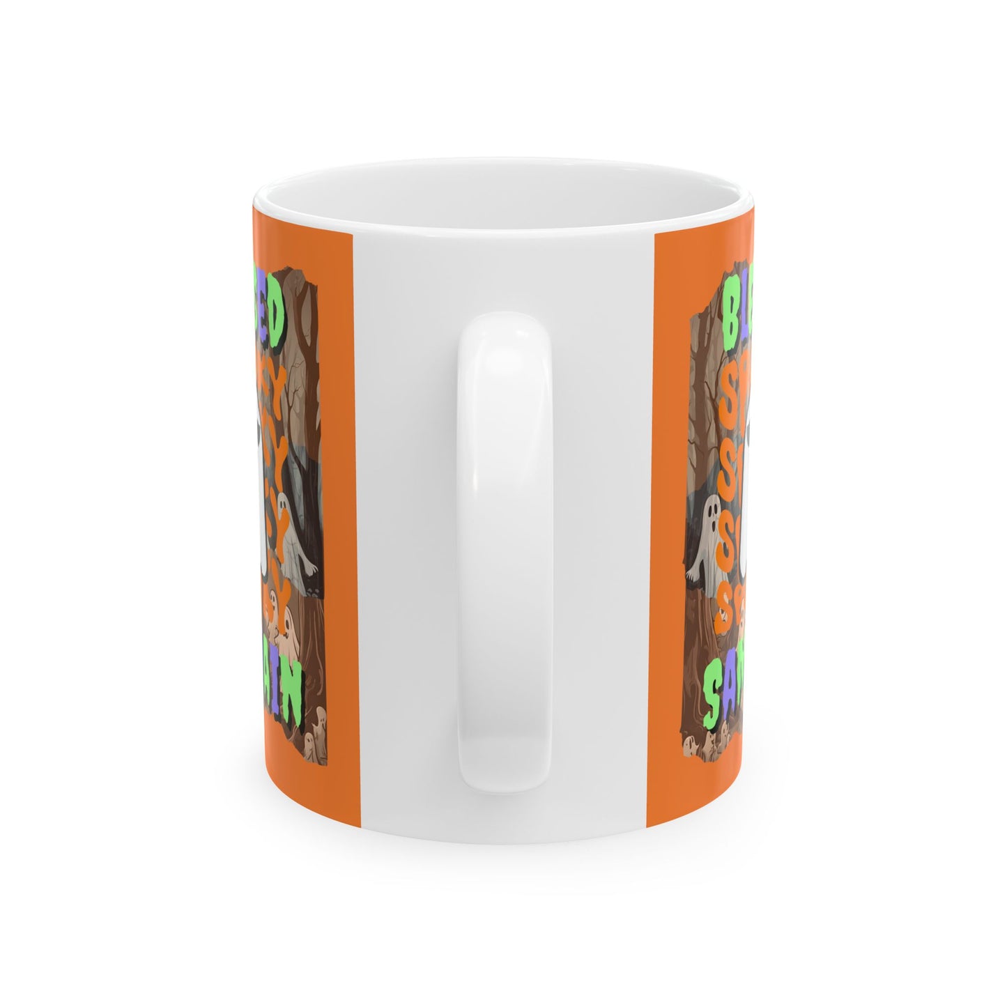Spooky Blessed Samhain Ghost Mixed font Orange Mug by CreepyCrafts.boo