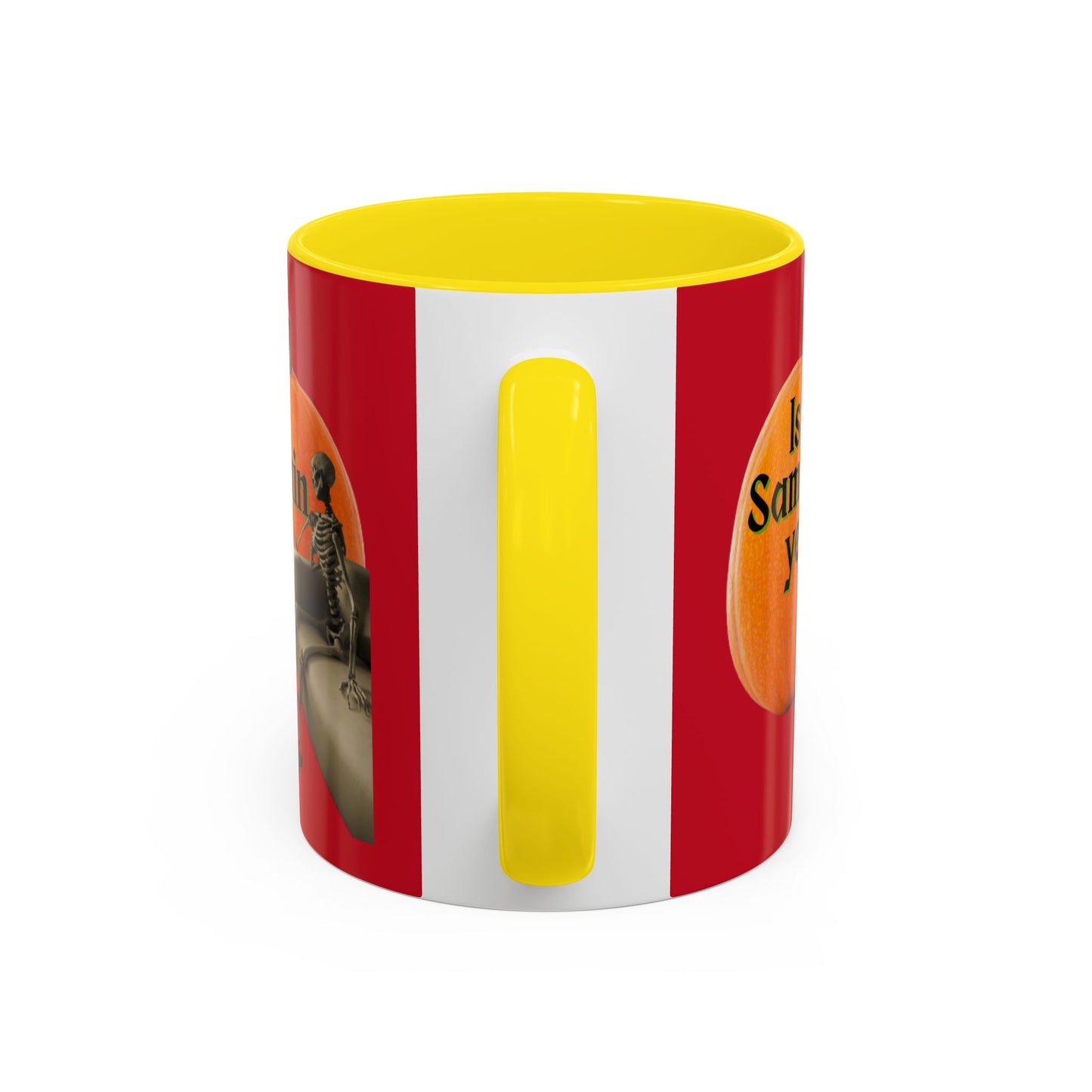 Is It Samhain Yet? Skeleton's Giant Pumpkin Red Accent Mug by CreepyCrafts.boo