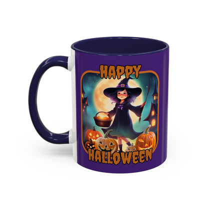 Happy Halloween Little Witch Orange font Purple Accent Mug by CreepyCrafts.boo