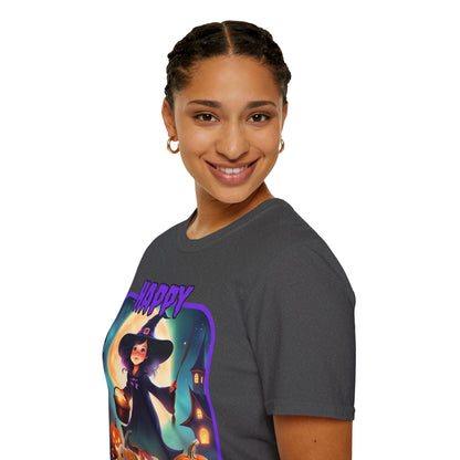 Happy Halloween Little Witch Purple font, Dark colors, Unisex T-Shirt by CreepyCrafts.boo