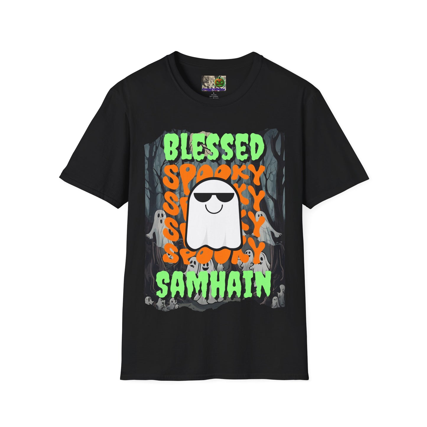 Spooky Blessed Samhain Ghost Green font Unisex T-Shirt by CreepyCrafts.boo